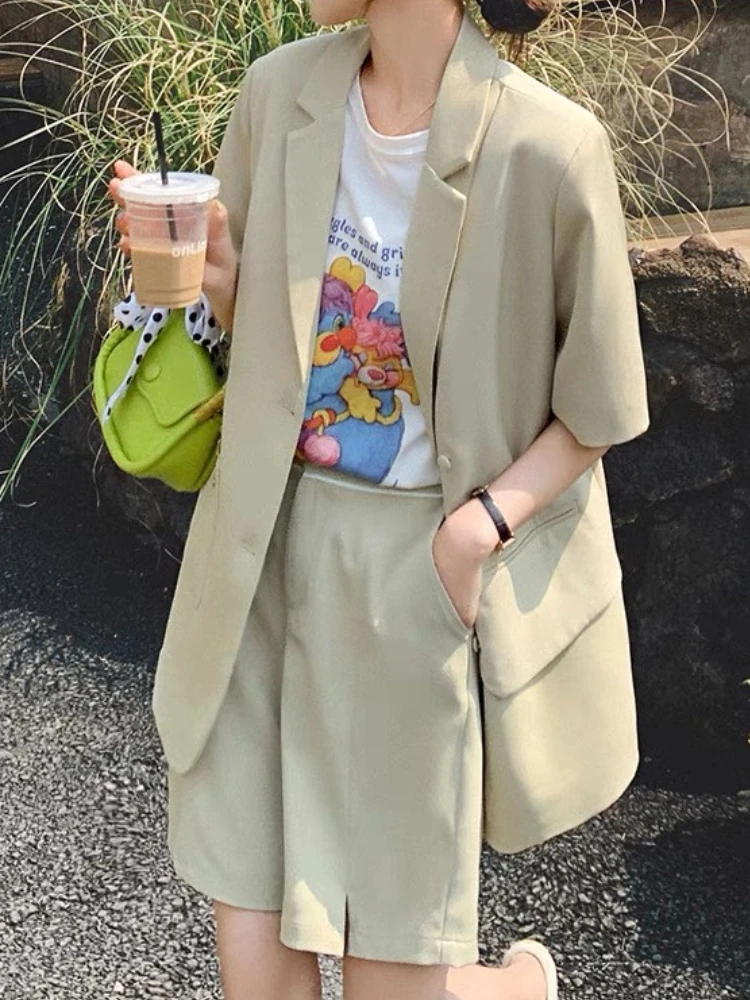 

Women Summer Casual Elegant Blazer Shorts Suit Loose Jackets High Waist Pants Two Pieces Set Femme Fashion Korean Outfits New