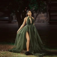 sexy a line high slit tutu pleated tulle dresses deep sleeveless v neck ruffles maternity dress for photo shoot party gowns