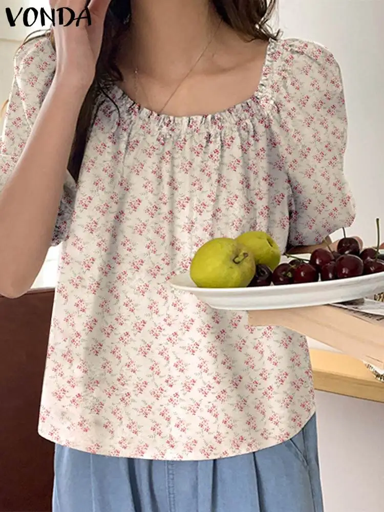

Women Shirts Fashion Puff Sleeve Square Neck Blouse Sexy Summer Tops 2023 VONDA Casual Loose Beach Blouse Oversized