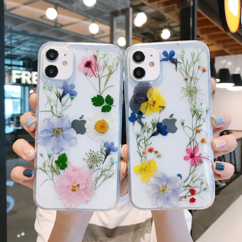 

Luxury Real Dried Flowers Transparent Phone case For iphone 13 12 11 14 Pro Max XS Max XR X 7 8 plus SE 2020 Soft Silicone Cover