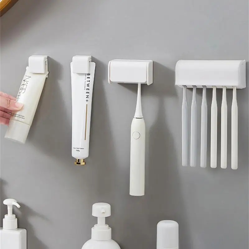 

Easy to Install Toothbrush Holder Wall-mounted Toothpaste Rack Bath Organizer Punch-free Bathroom Storage