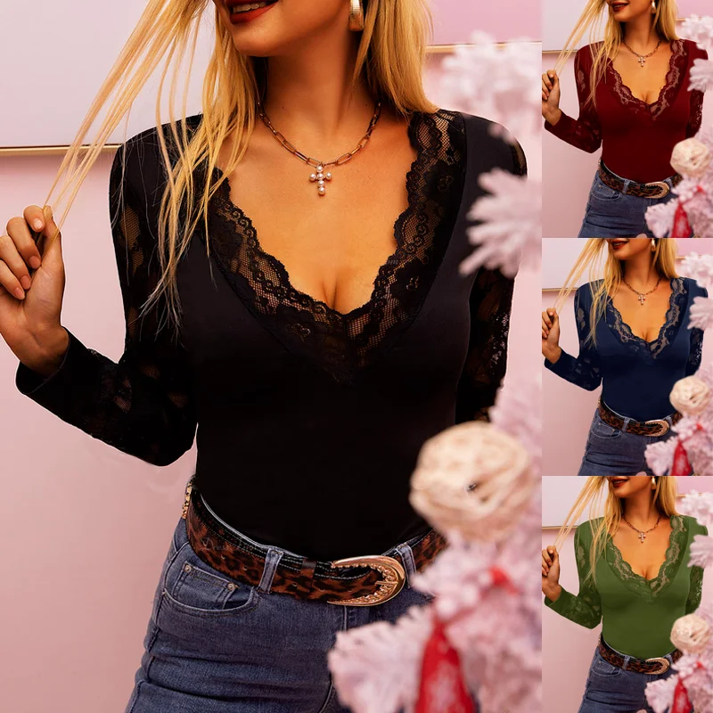 Casual Slim Fit Basic Blouse Elegant Lady Tops Sexy Blouses Women Long Sleeve Shirts Spring Summer Lace Drop V Neck Shirt Ladie