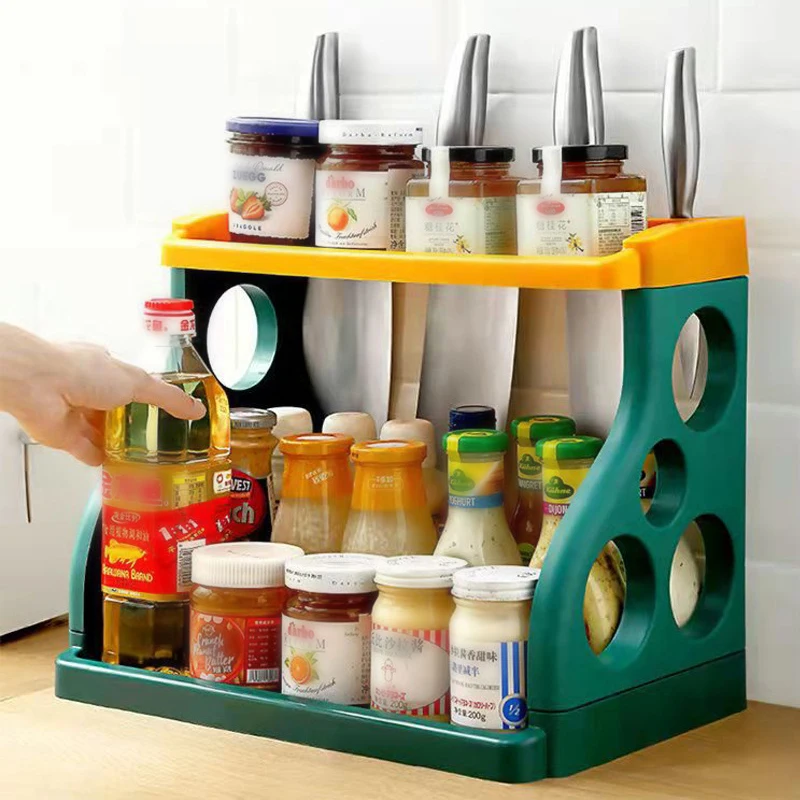 

Double-Layer Contrast Color Kitchen Spice Rack Thickened Plastic Shelf Storage Rack Convenience Accessories Kitchen Supplies