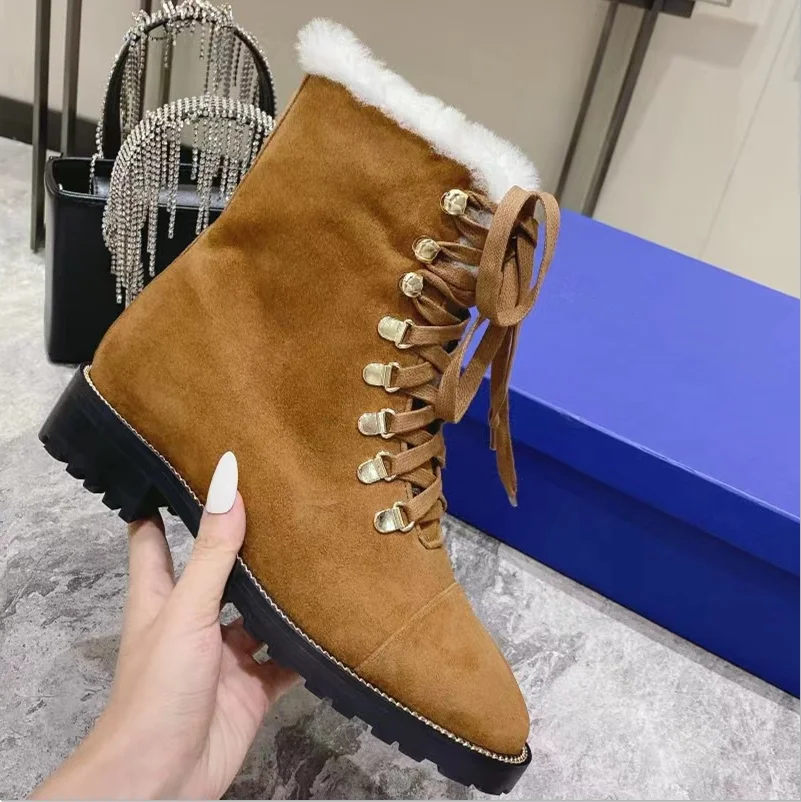 

2022 Winter Women's Boots Plush Lining Cow Fur Material Lace-up Round Head High Quality With Box Thick Non Slip Sole