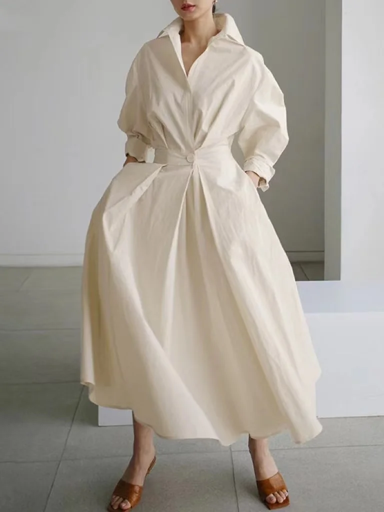 

2023 New Oversized Elegant Women Spring Sundress Fashion Lapel Neck Long Sleeve Solid Long Shirt Dress OL Vestidos Robe Femme