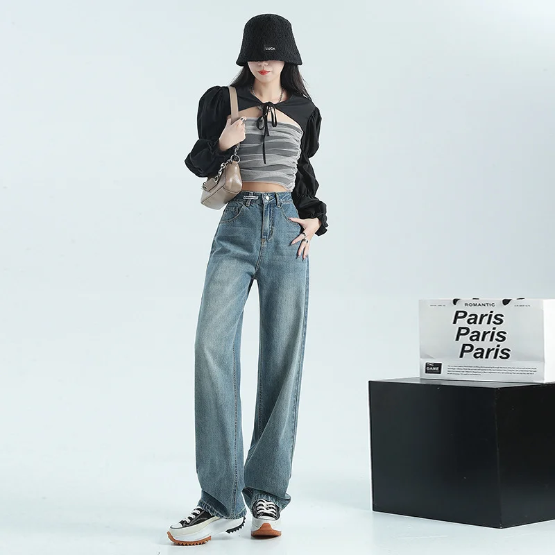 

2023 Spring New Loose High Street Straight Down Feeling Mop Trousers Retro Blue Wide Leg Jeans Women jeans woman