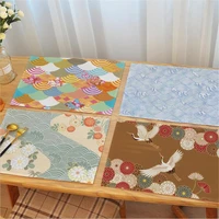 linen placemat japanese print table mat flower painting coaster heat insulation dish bowl tableware pad home decor accessories
