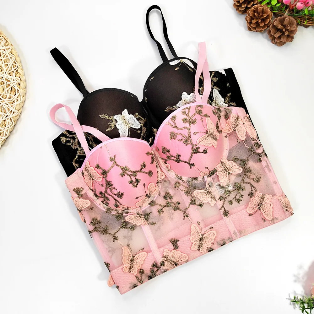 

2022 Summer Butterfly Embroidered Camisole Women Sexy Perspective Mesh Tube Top Backless Cropped Top Push Up Bustier Bra Tanks