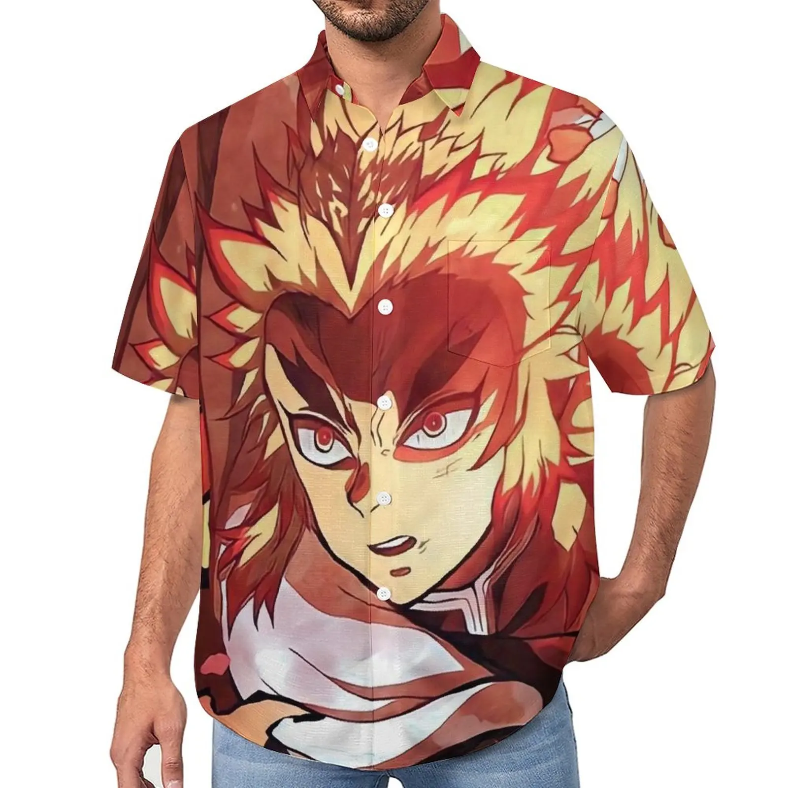 

Demon Slayer Beach Shirt Rengoku Kyojuro Anime Summer Casual Shirts Mens Retro Blouses Short-Sleeved Graphic Clothing Plus Size