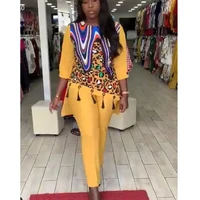 dashiki african clothes for women fashion round collar half sleeve two pieces suit irregular printed tassel top and pants sets