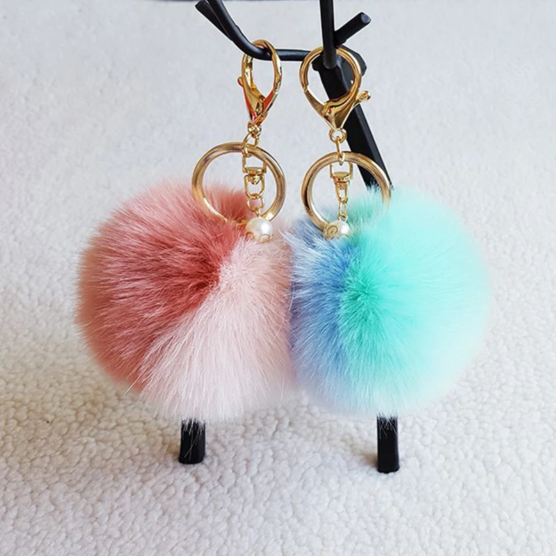 

Cute Fluffy Faux Rabbit Fur Ball Keychain Women Car Key Chain/Ring Pompom Pearl Decor Pendant For Bag Backpack Accessories Suppl