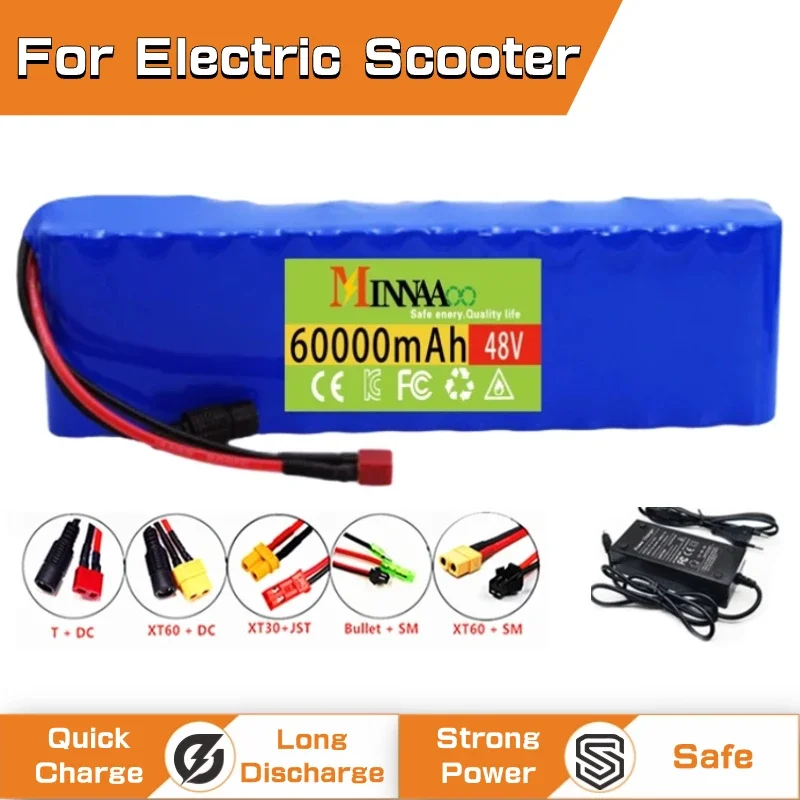 

New High Capacity 13S2P 48v 60Ah 18650 Li-ion Battery for Bafang Electric Bike Retrofit Kit 1000w 54.6V 2A Charger + XT60 Plug