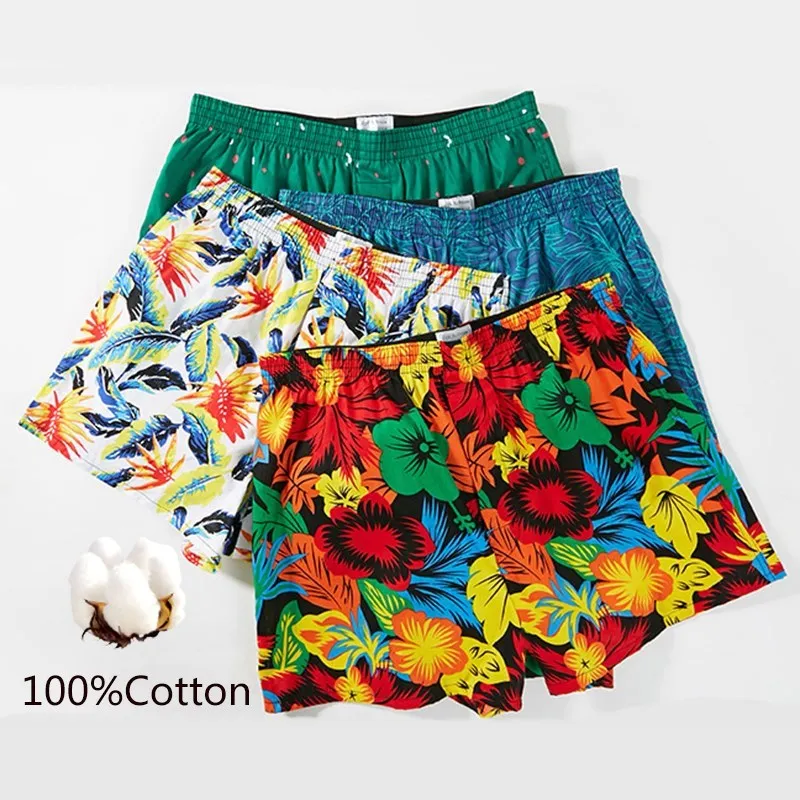 3Pcs/Lot Classic Print Men's Boxers 100% Cotton Oversize Mens Underwear Trunks Woven Homme Arrow Panties Boxer Plus Size