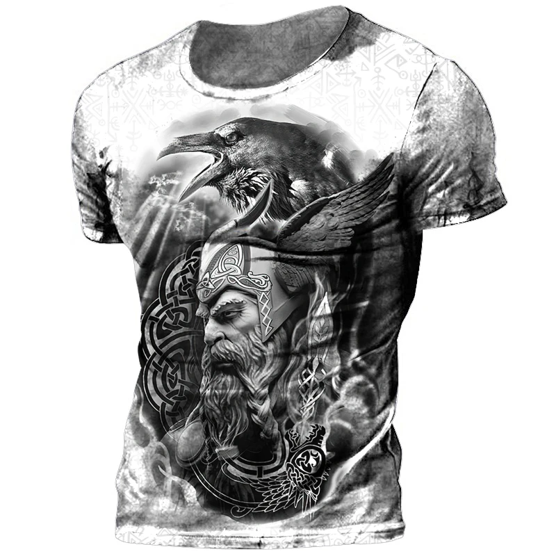 Retro Viking Tattoo 3D Print Men's T-shirts Summer Viking Odin Crew Neck Loose Short Sleeve Casual Tops Tees Oversized T Shirts