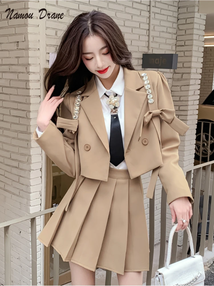 

Enland Short Jacket Suit Pleated Skirt Two Piece Set Women High Quality Diamond Bowknot Blazer &Mini Skirt 2 Piece Sets