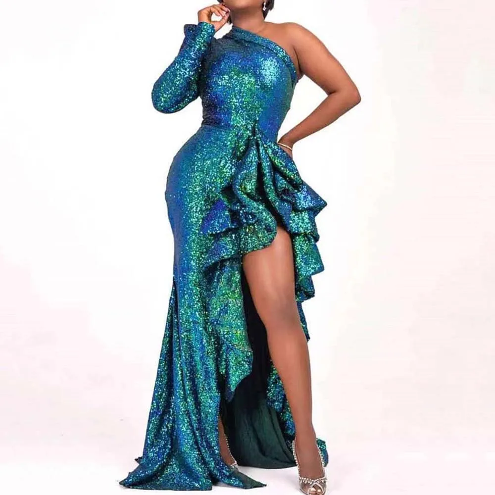 

Party Dresses Green Diagonal Neck Ruffle Stacked Design Slit Dress Evening Prom Dresses Maxi Dress 2022 New Africa Summer