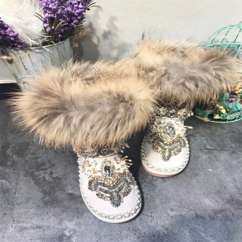 

Heavy industry rhinestone sequins super flash luxury big fox fur one waterproof snow boots short boots 35-44
