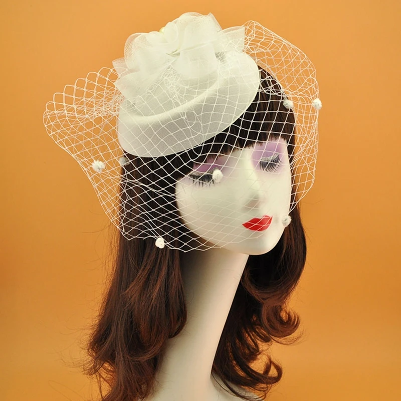 

Retro Fascinators Hat Mesh Flower Pillbox Hat with Veil Tea Party Headpiece Photo Props Fancy Dress Wedding Headdress