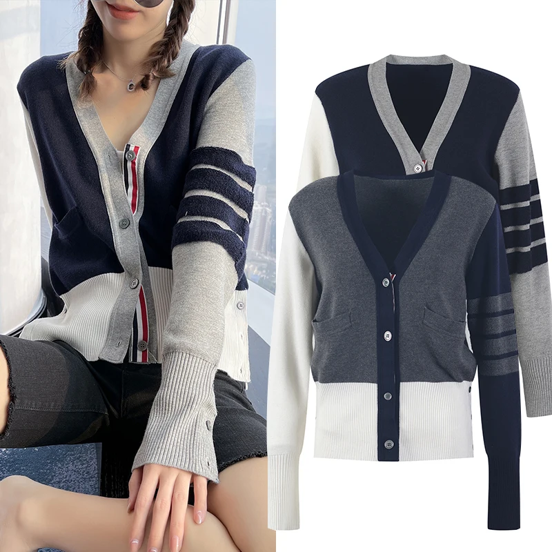 

Awesome! High-end college style good quality classic tb four bars hit color wool knitted jacket jacket women cardigan