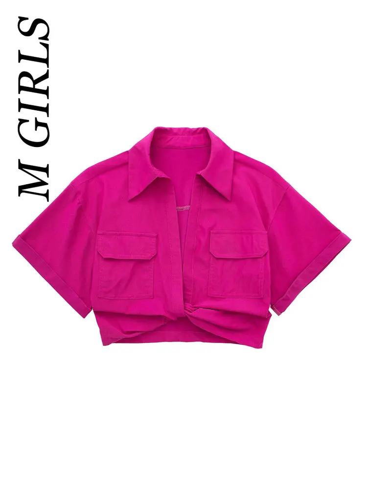 M GIRLS Women Fashion Front Knot Elastic Linen Cropped Shirts Vintage Short Sleeve Flap Pockets Female Blouses Blusa Chic Tops