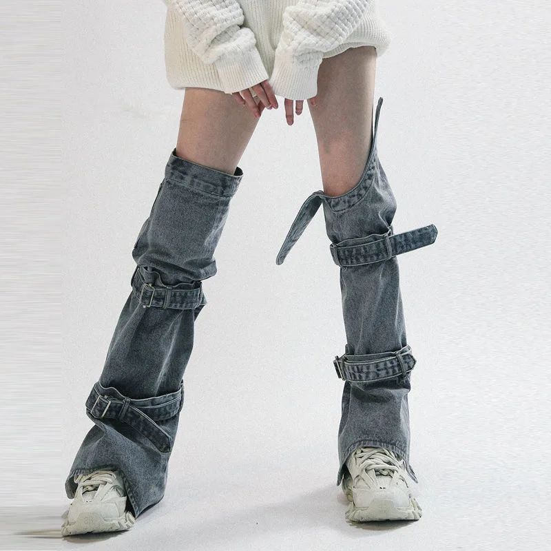 

Women's Y2K Denim Leg Warmers 90s Knee High Harajuku Buckle Jean Socks Punk Gothic Leg Cover Stockings Streetwear