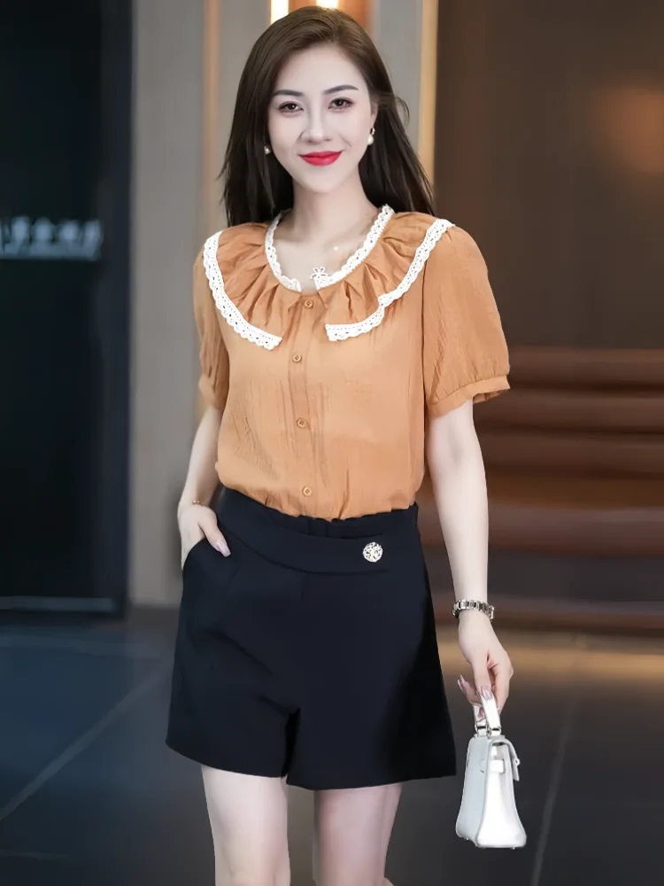 Рубашка с кукольным воротником и коротким рукавом женские летние новые