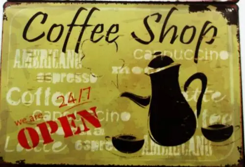 1P Café OFFENES Menü METALLDOSE ZEICHEN винтажное кафе наколенник бар гараж ретро балдахин