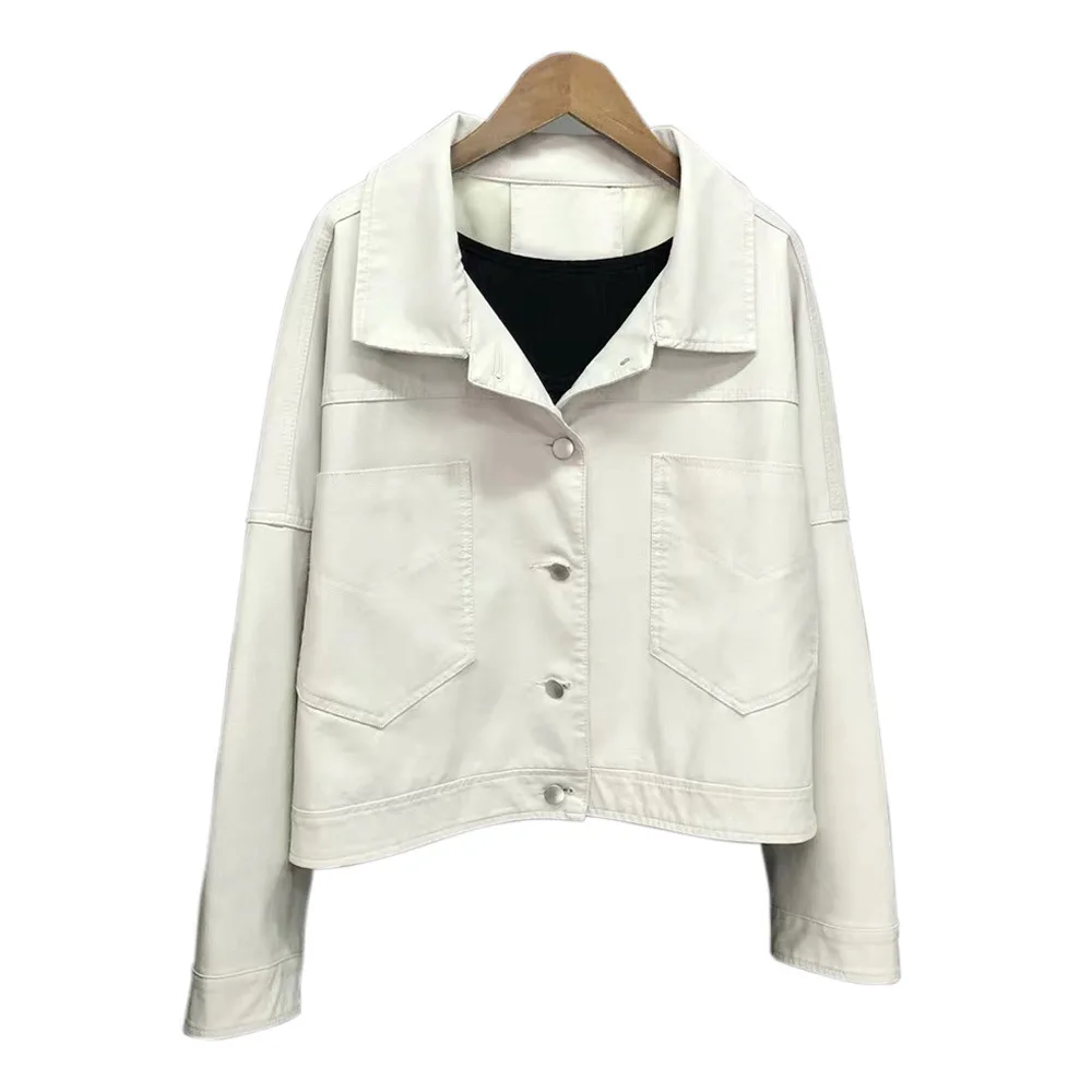 2023 Lapel single breasted large pocket women's leather jacket leather jacket slimming simple purple coat