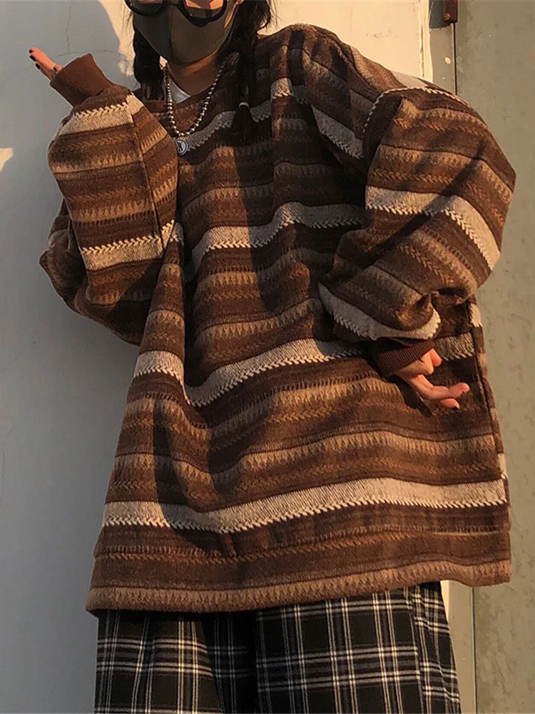

Striped Sweaters Women Oversize Pullovers Autumn Winter Knit Sweater Hip Hop Unisex Jumper Ladies Retro Couples Tops