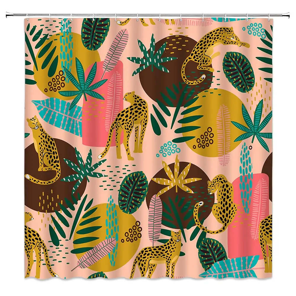 

Boho Cheetah Shower Curtain,Tropical Leopard Wildlife Bath Pink Aesthetic Moon Phase Blue Floral Bathroom Curtain Curtain,Modern