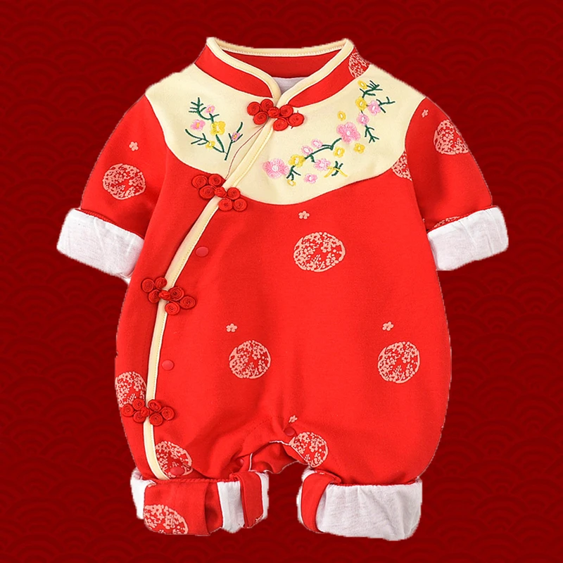 

Newborn Baby Chinese Traditional Hanfu Jumpsuit For Infant Girls Embroidery Vintage Tang Suit New Year Birthday Outfit Red Pink