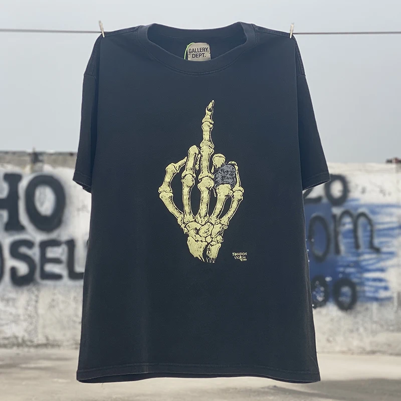 

DEPTHigh Street Men Women 1:1 CouplesGll Dep Hand Bone Retro Washed Old T-shirt DEP Skull Finger Print Oversized T-shirt