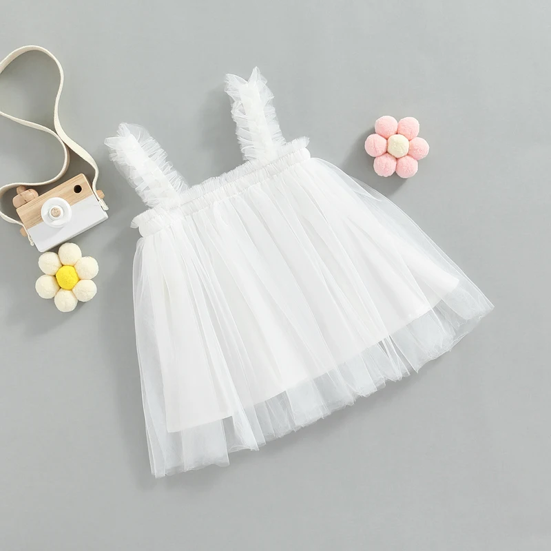 Kids Girl’s Tulle Dress Sleeveless Pleated Solid Summer for Party Stage Show