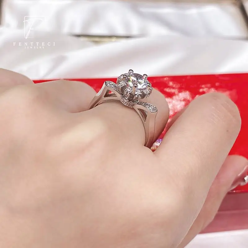 FENTTECI 925 Sterling Silver Luxury Flower Ring Moissanite 6 Prongs Holding Flower Bud 1ct Diamond Ring Female Wedding Proposal