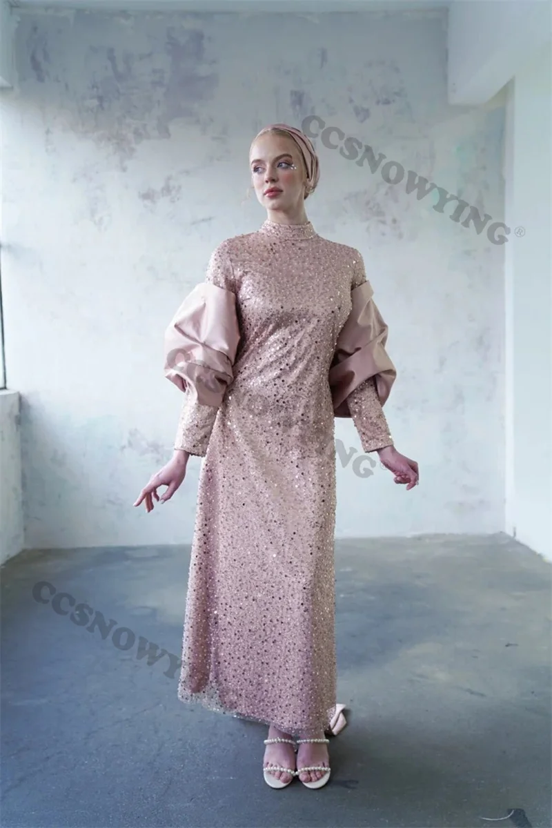 

Sparkly Sequin Lace-up Back Muslim Evening Dresses Long Sleeve Islamic Formal Party Gowns High Neck Women Arabic Robes De Soirée