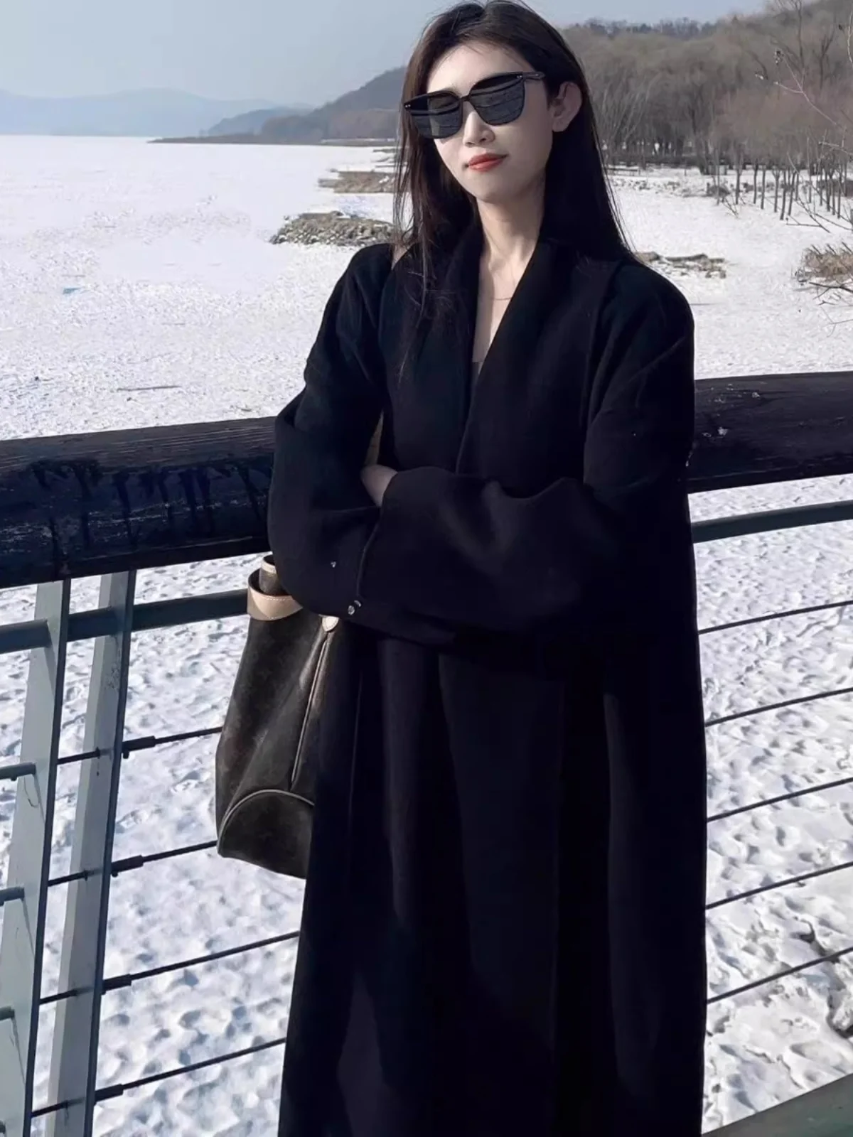 Black High Sense Double-sided Wool coat Women 2024 Winter New Woolen Jacket Small Korean Series Mid-Length |