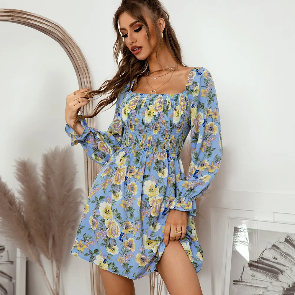 

Women A-line Dress, Adults Off Shoulder Floral Print Long Sleeve Square Collar
