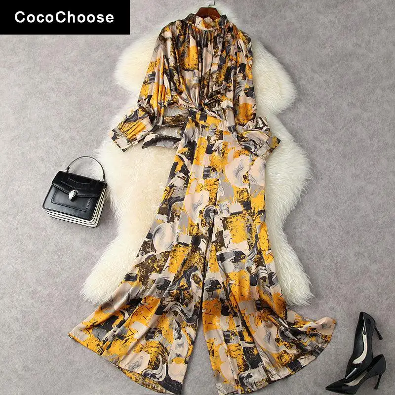 

Vintage Fashion Flare Pants Sets For Women 2022 Spring Turtleneck Floral Crop Top and High Waisted Trouser Suits 2 Piece Outfits