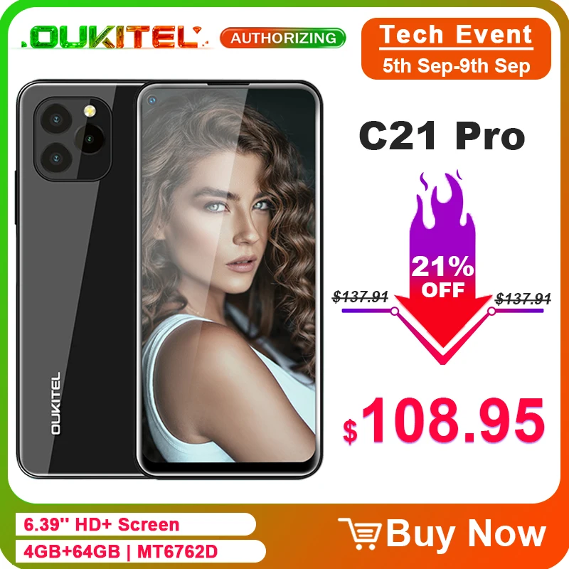 OUKITEL C21 Pro 6.39'' MT6762D Octa Core 4GB+64GB Smartphone 21MP Triple Rear Camera 4G 4000mAh Android 11 Mobile Phone