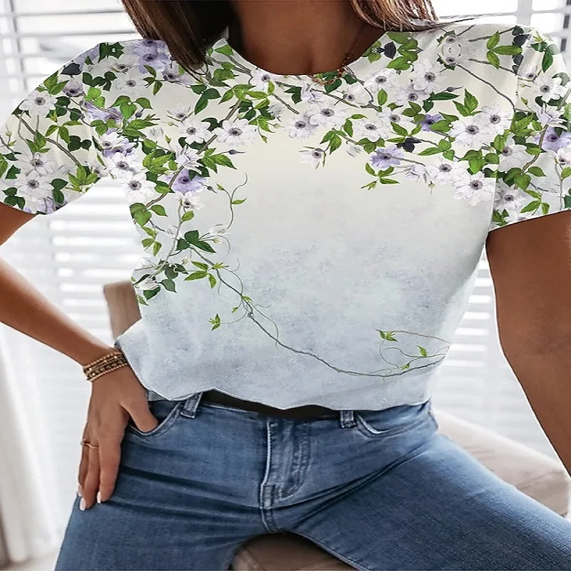 

New Everyday Casual Women's Tops White Floral Pattern Shirts Polyester Crew Neck Summer Oversized s T-Shirts