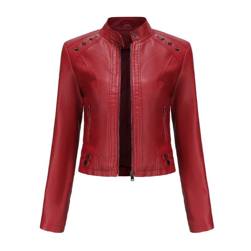 New Rivet Leather Leather Women's Long Sleeved Stand Up Collar Fashion Jacket