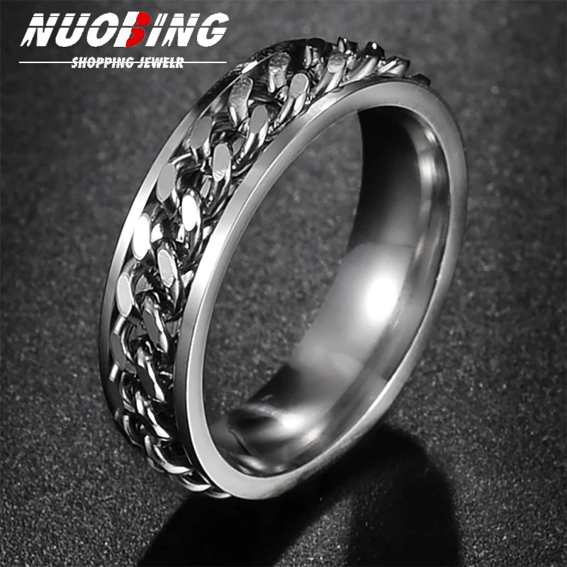 

6MM Free Rotating Cuban Chain Punk Gothic Geometry Stainless Steel Reduces Stress Fidget Casual Sports Jewelry Men's Ring Gift