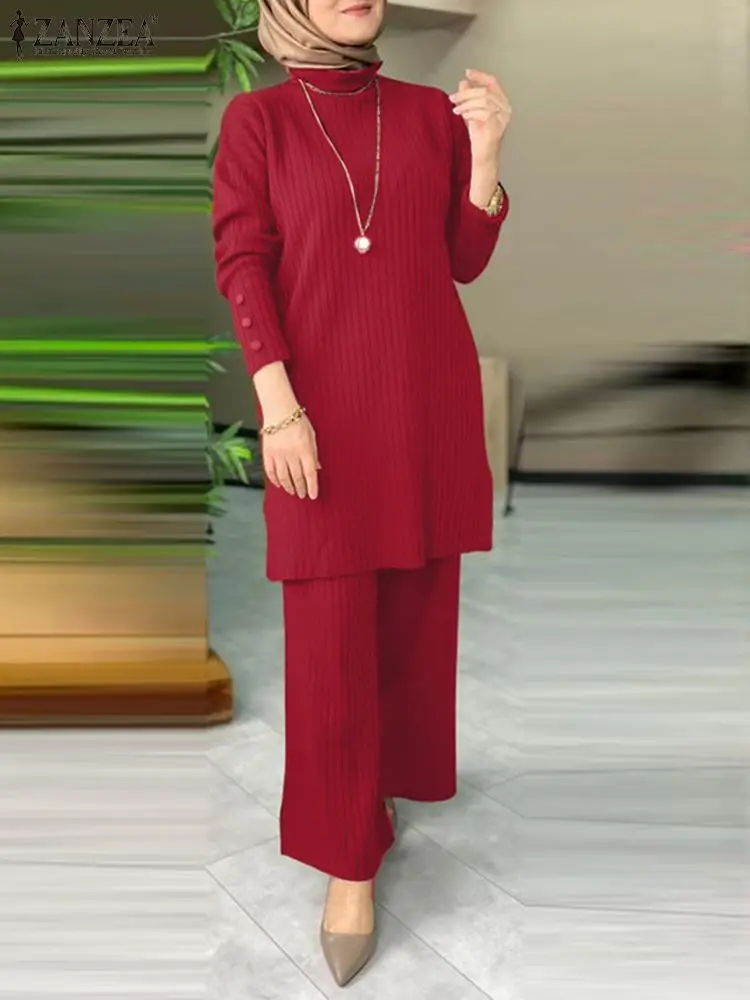 

ZANZEA Muslim Outfits Autumn Blouse Set Turtleneck Solid Abayas For Women Fashion Button Tops Causal Pnats Elegant OL Tracksuits