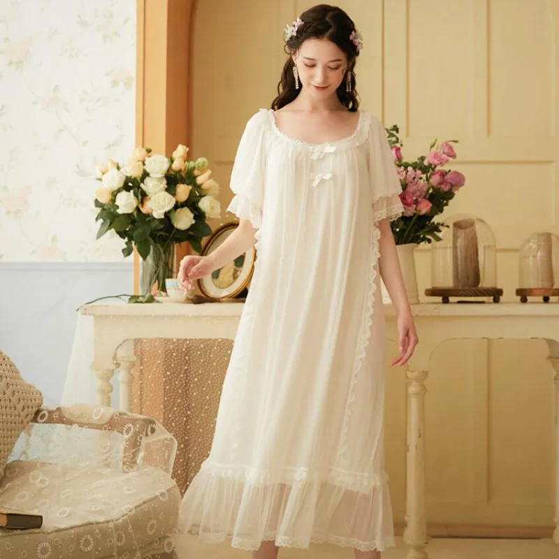 Tulin Fashion Princess Women's Dressing Gown Round  White Long Summer Dress Short Sleeve Lace Nightie Ladies Negligee  Phoentin