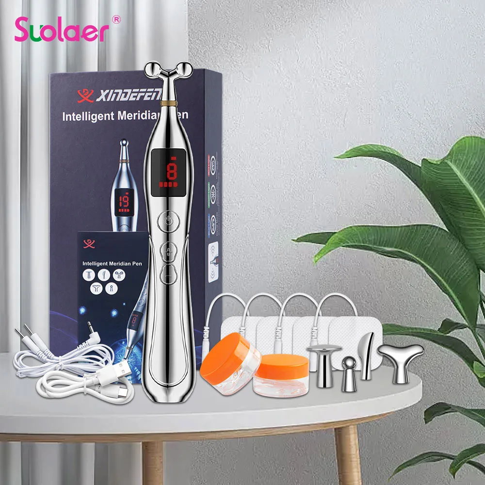 

5 головок Лазерная меридиановая энергетическая Массажная ручка с проводящим гелем USB Перезаряжаемый акупунктурный массажер для тела, шеи, ног