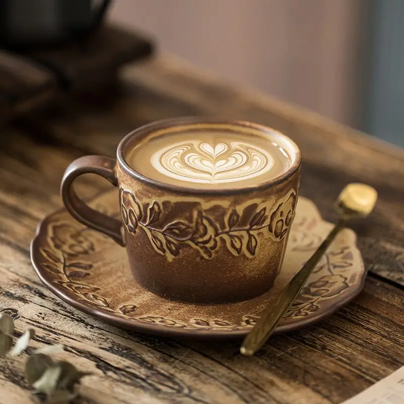 

Retro Flower Coffee Travel Mugs with Saucer Dishes Tea Cup Set of Resorts Ceramic and Pottery Turkish Coffee Espresso Cups