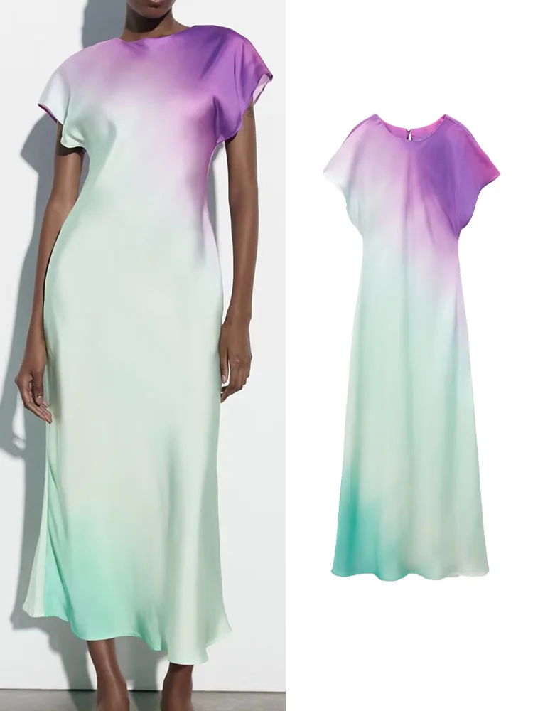 

TRAF Elegant Women Tie-Dyed Long Dresses 2023 Fashion Summer Sleeveless Slim Sweet Vestidos High Street O-neckMid-Calf Outwear