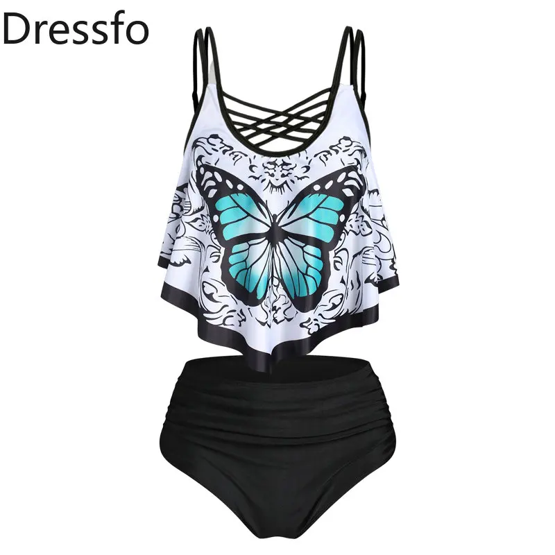

Dressfo Gothic Tankini Bikini Set Ruffle Butterfly Print Bathing Suit Crisscross Tummy Control Swimwear Swimsuit Woman 2023 New