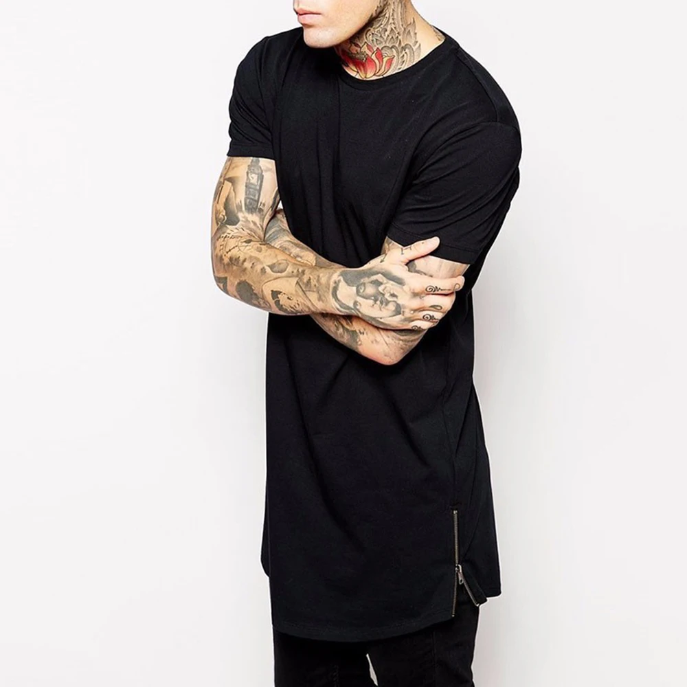 

High Street Men T-shirt Hip Hop Tops Male Zipper Solid Color Round Neck Fashion Short Sleeve Tee Casual Extra Long Length