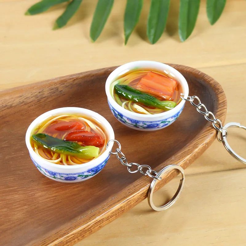 

New Mini Food Key Chain Blue White Porcelain Bowl PVC Simulation Noodles Fruit Photography Model Car Bag Pendant Ornaments Gift